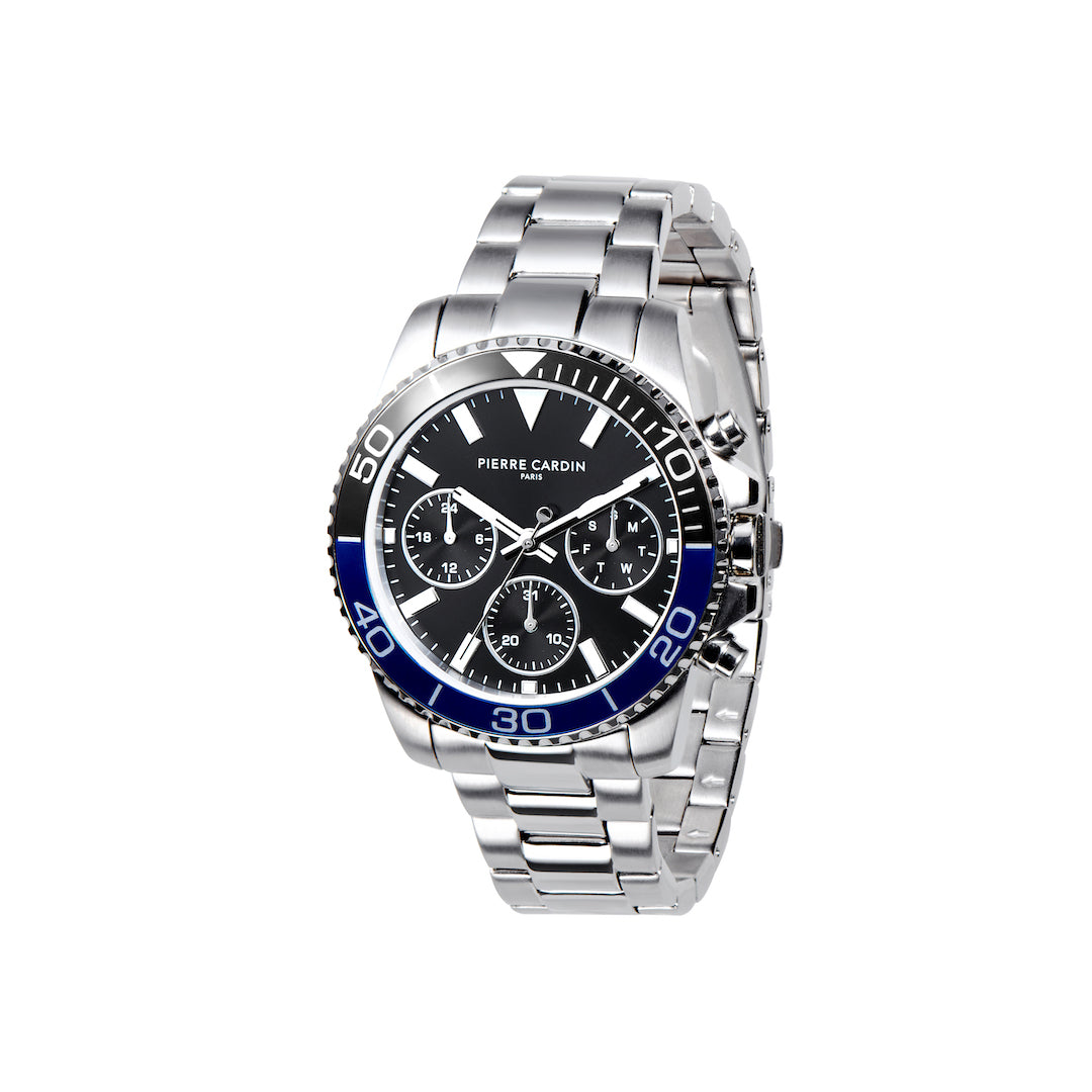 Nation Posh Multifunction watch with Black Dial and Blue Black bezel with a Metal Links Strap