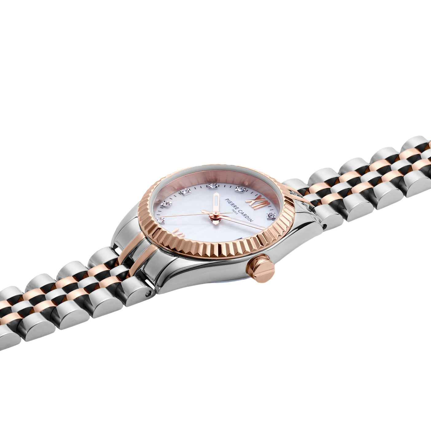 Opera Two Tone Rose Gold and Stainless Steel Date Watch with Fluted Bezel  and Crystals on a Mother of Pearl Dial